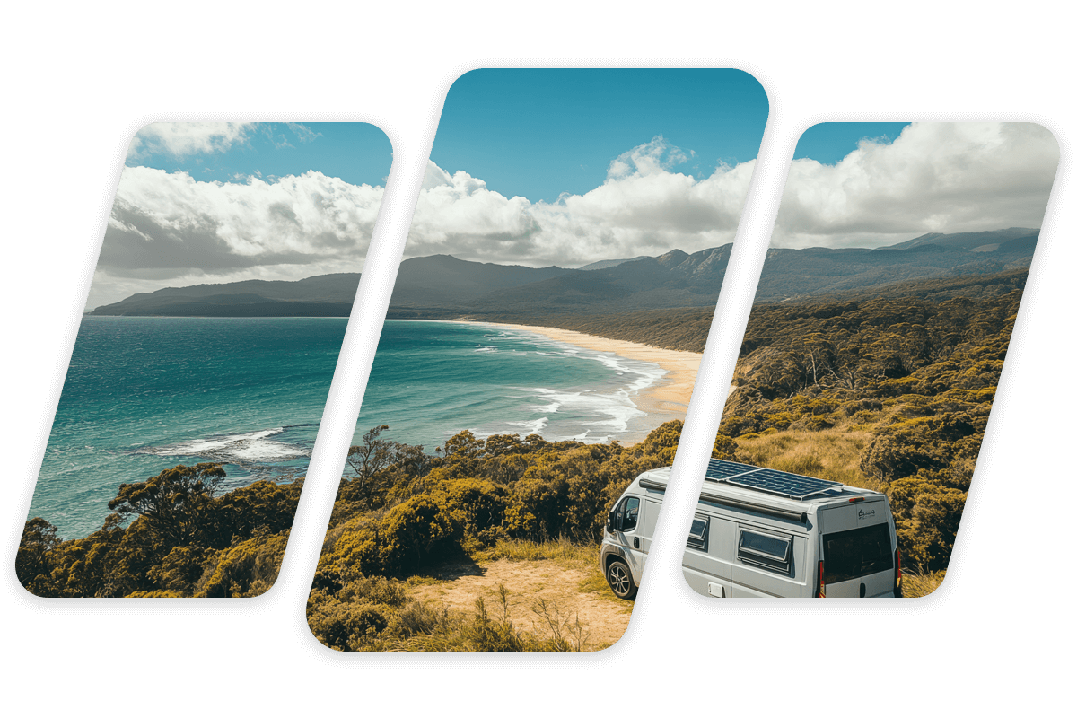 Bild zeigt einen Camper vor einem Meer parken